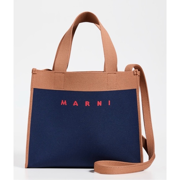 New w/ Tags Marni Logo Shopping Tote in Blue and Brown Jacquard. - Picture 1 of 8